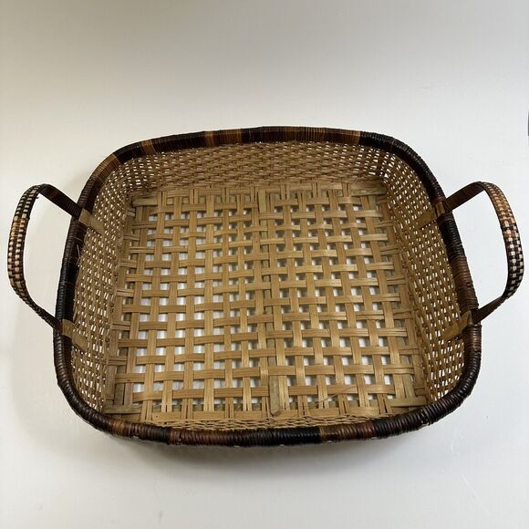 Vintage Hand Woven Tobacco Basket - Bamboo Storage Rectangle With Handles - Picture 5 of 7